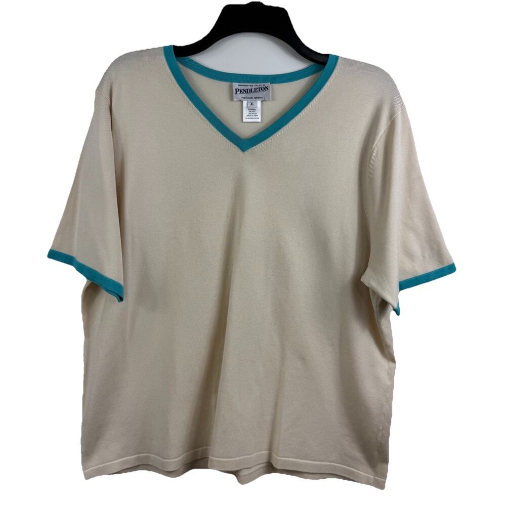 Pendleton Silk Blend Sweater XL Short Sleeved Cream Blue Trim Career Classic